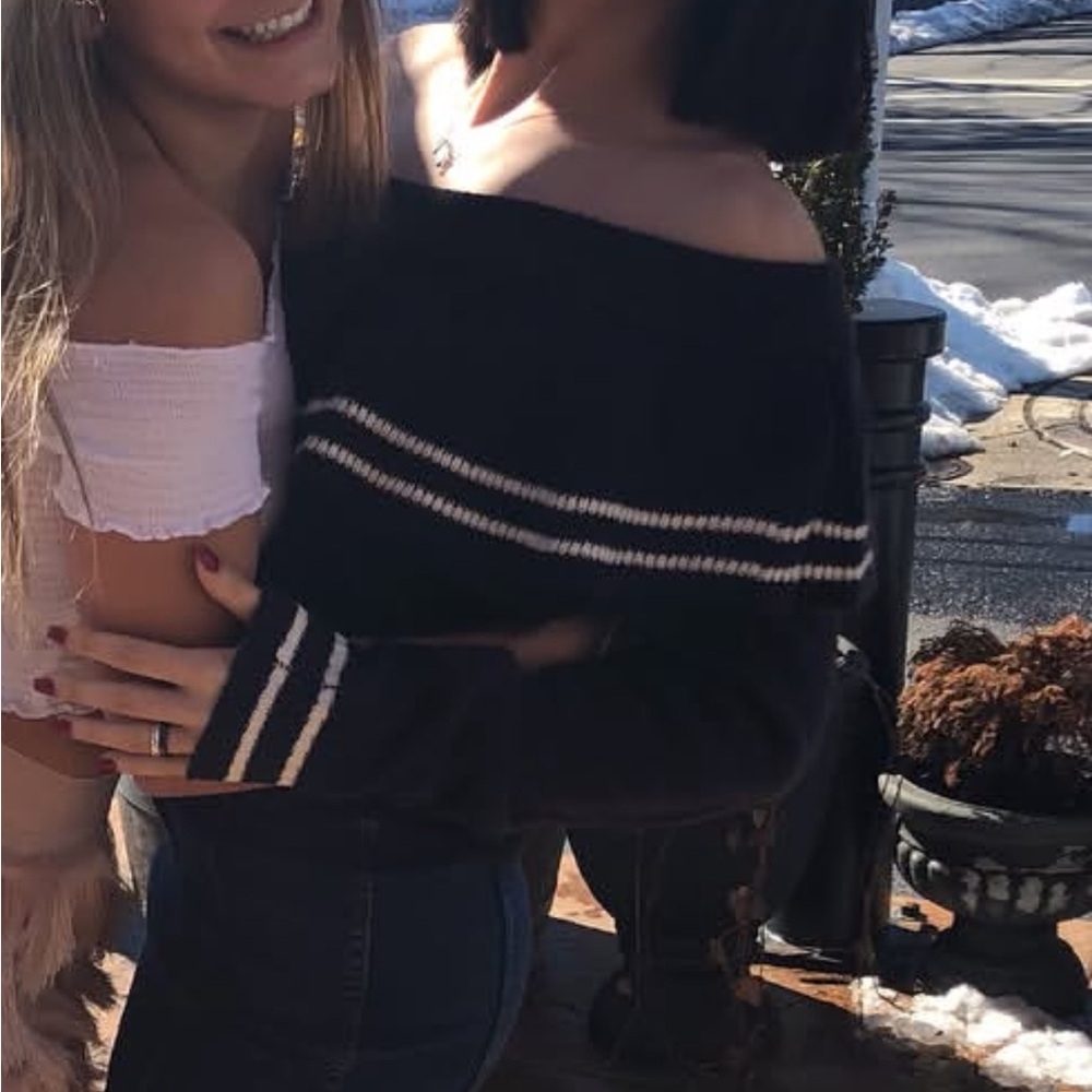 Blue Blush Black and White Off-Shoulder Sweater